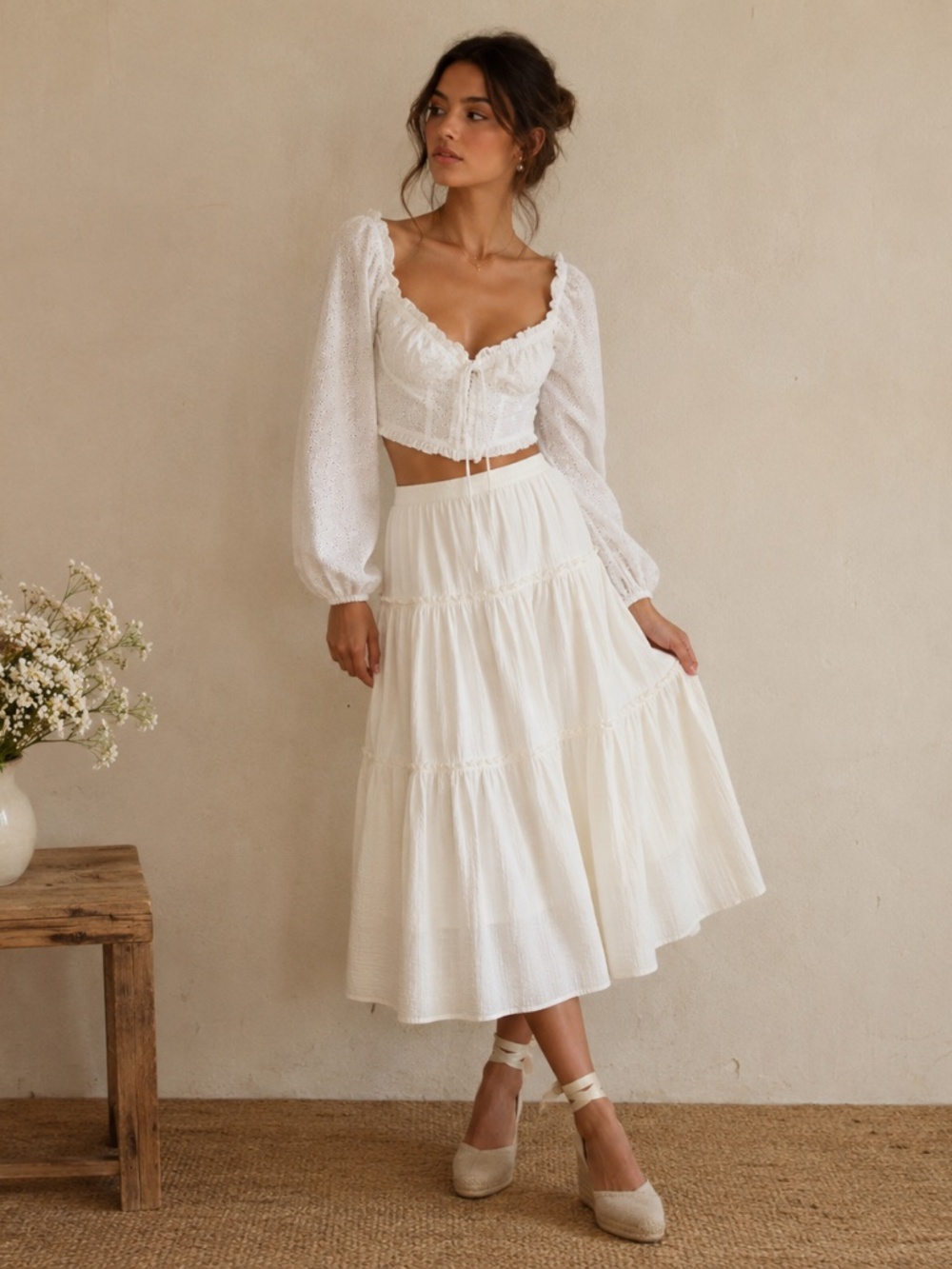 Sundays White Eyelet Milkmaid Corset Balloon Sleeve Crop Top Sz M Cottagecore
